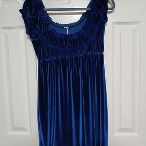 Free People Blue Velvet Mini Dress Ruffle Ruched Sleeve Round Neck S